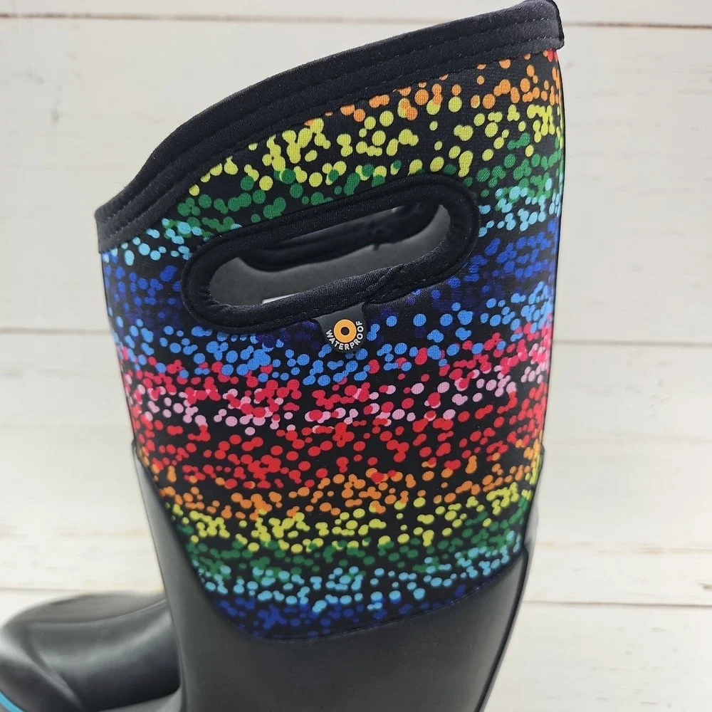 Bogs Womens Classic Rainbow Dots Black Size 6 High Farm Boots Waterproof Pull On